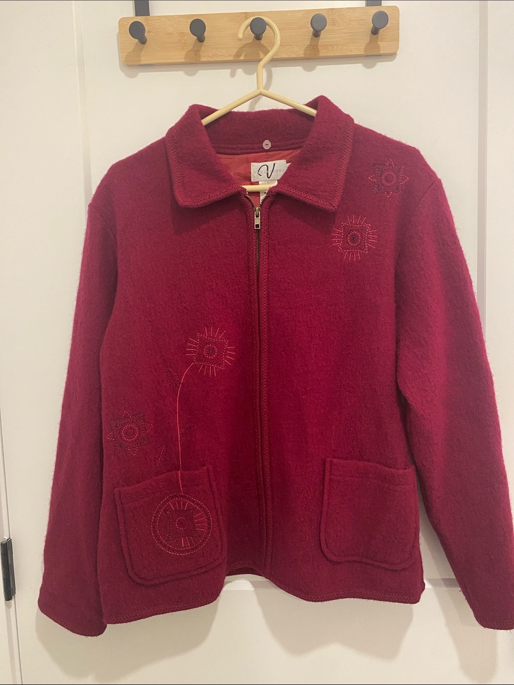Vintage Wool Embroidered Variations Deep Red Full Zip Coat Jacket Women’s Large